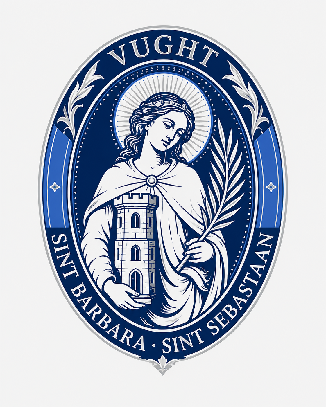 Gilde-embleem van Sint Barbara en Sint Sebastiaan Vught, met Sint Barbara en haar toren